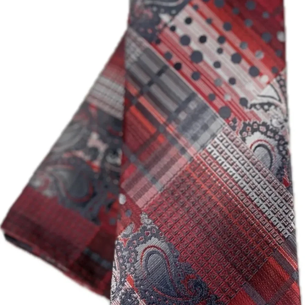 Stacy Adams Men's Tie & Hanky Set Red Charcoal Gray Silver Paisley Stripes 3.25